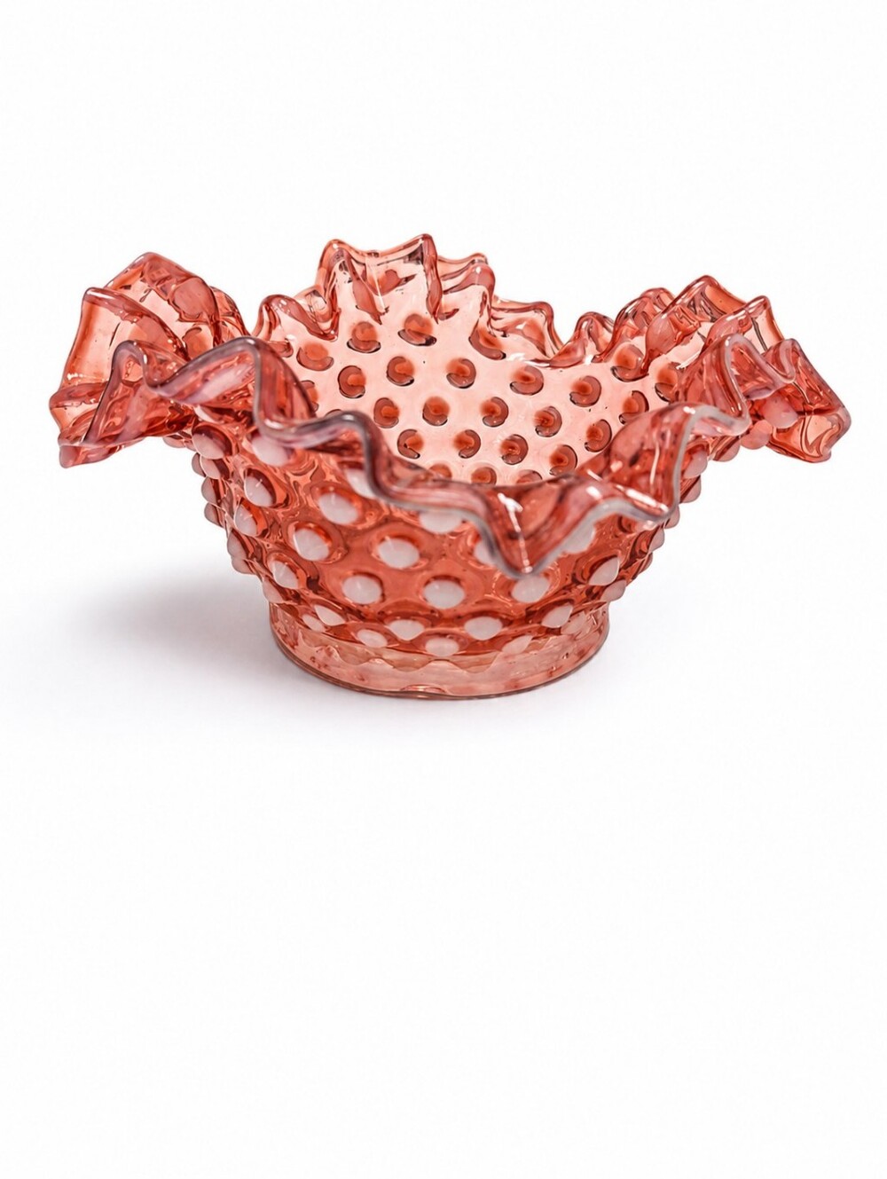 VINTAGE Fenton Hobnail Ruffled Bowl Glass Cranberry Pink Red White BonBon Dish